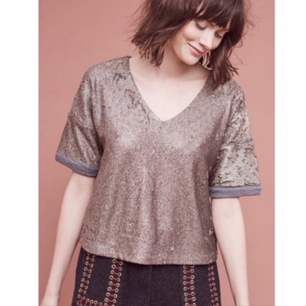 Anthropologie Deletta Gold Sequin knit Sparkle top